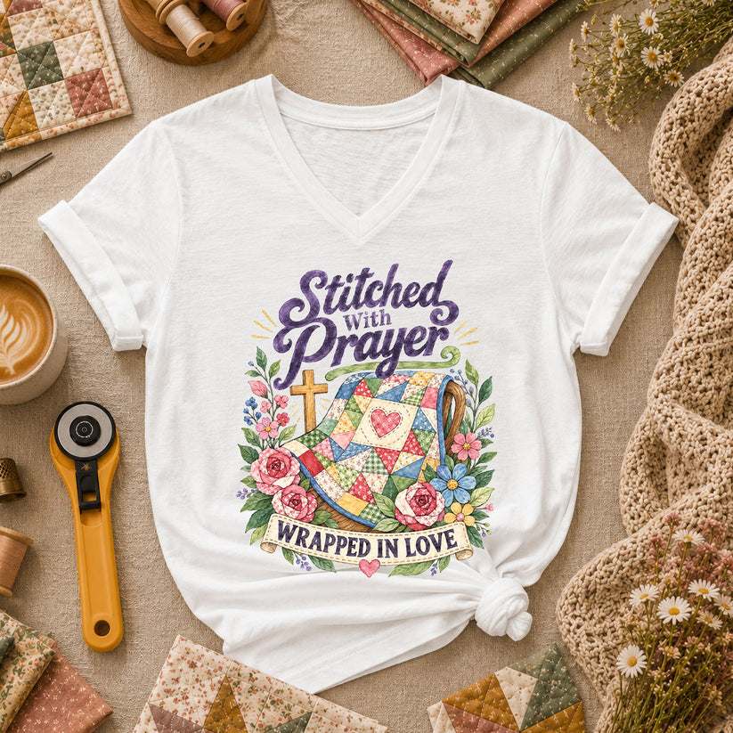Stitched With Prayer Wrapped In Love Women's V-Neck - White
