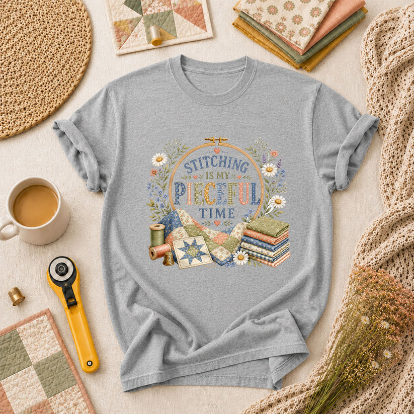 Stitching Is My Pieceful Time Embroidery Hoop T-Shirt - Athletic Heather