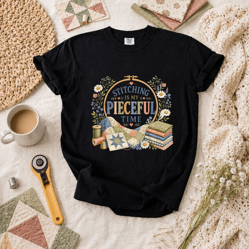 Stitching Is My Pieceful Time Embroidery Hoop T-Shirt - Black