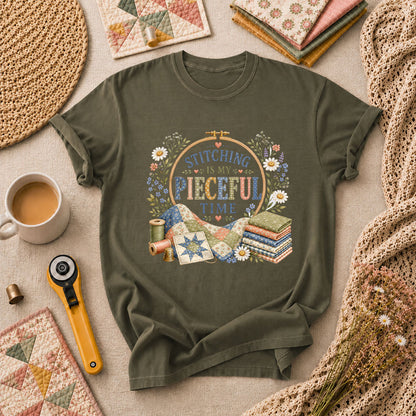 Stitching Is My Pieceful Time Embroidery Hoop T-Shirt - Military Green
