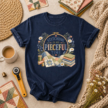 Stitching Is My Pieceful Time Embroidery Hoop T-Shirt - Navy