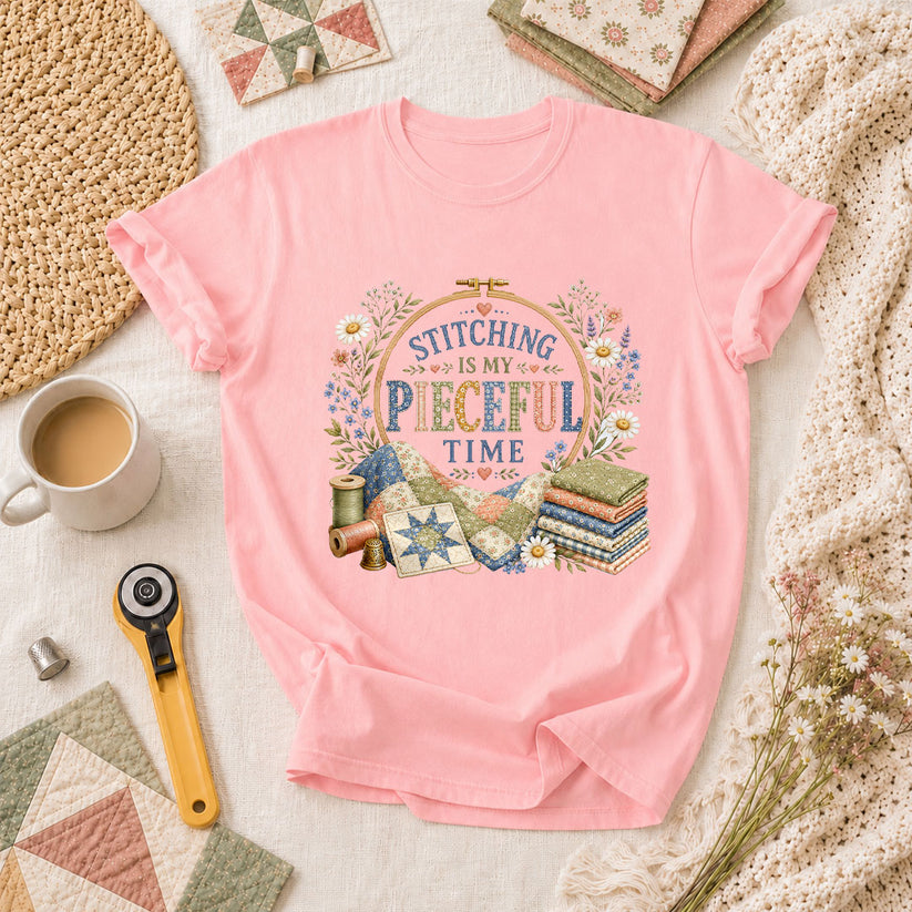 Stitching Is My Pieceful Time Embroidery Hoop T-Shirt - Pink