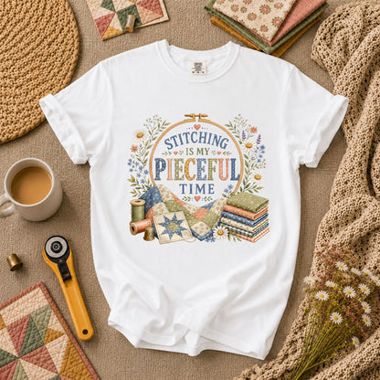 Stitching Is My Pieceful Time Embroidery Hoop T-Shirt - White
