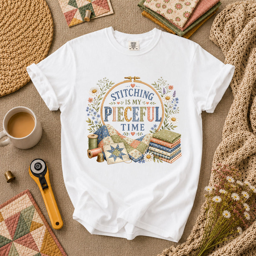 Stitching Is My Pieceful Time Embroidery Hoop T-Shirt - White