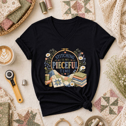 Stitching Is My Pieceful Time Embroidery Hoop Women's V-Neck - Black