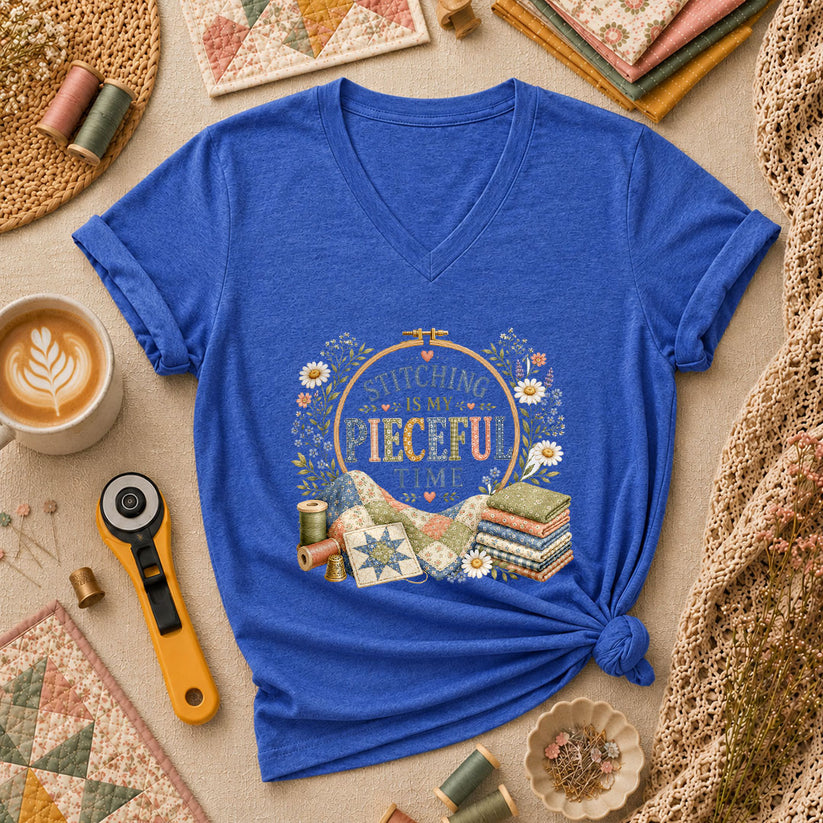 Stitching Is My Pieceful Time Embroidery Hoop Women's V-Neck - Heather True Royal