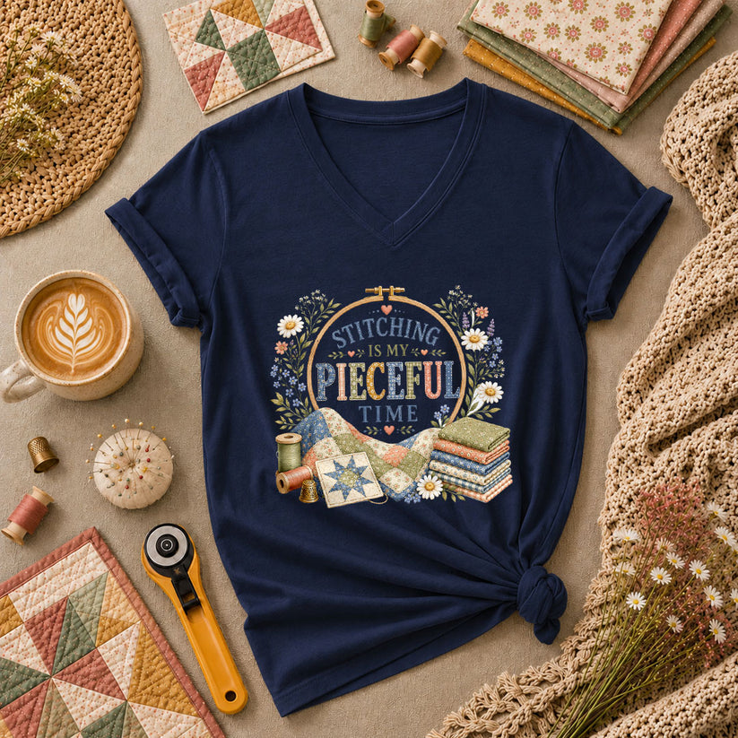 Stitching Is My Pieceful Time Embroidery Hoop Women's V-Neck - Navy