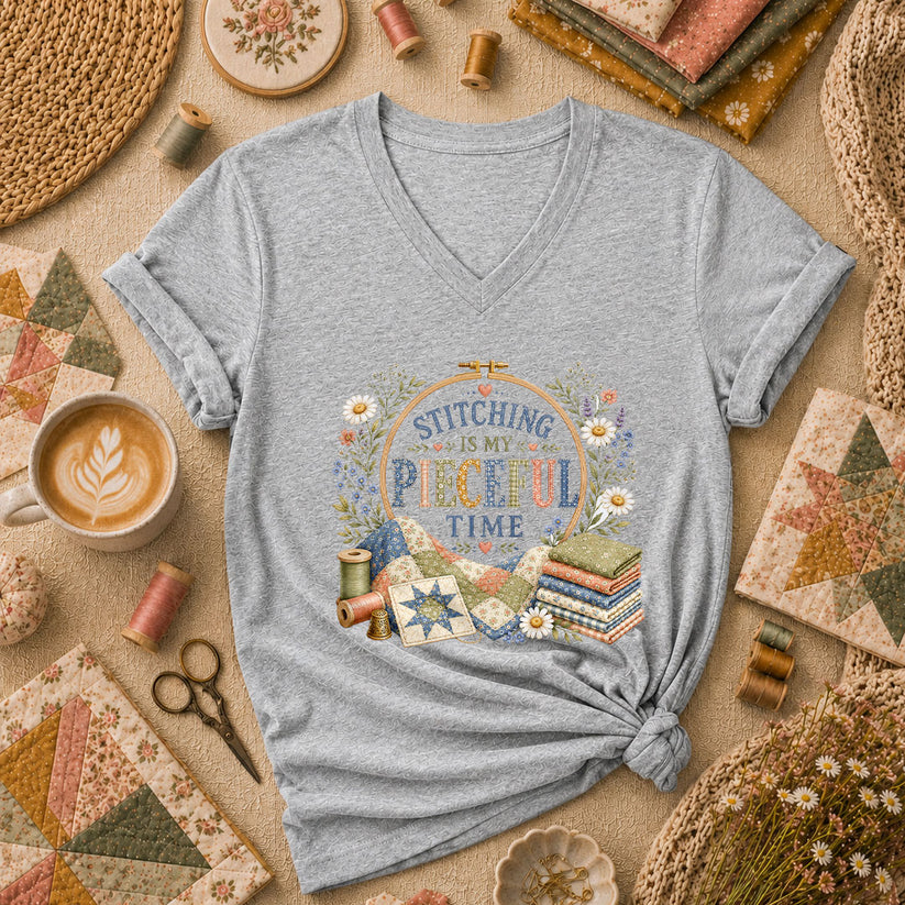 Stitching Is My Pieceful Time Embroidery Hoop Women's V-Neck - Sport Grey