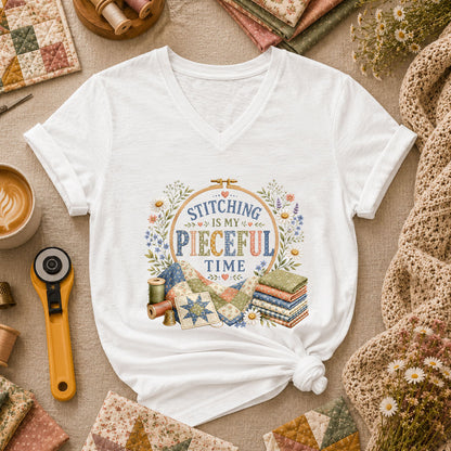 Stitching Is My Pieceful Time Embroidery Hoop Women's V-Neck - White