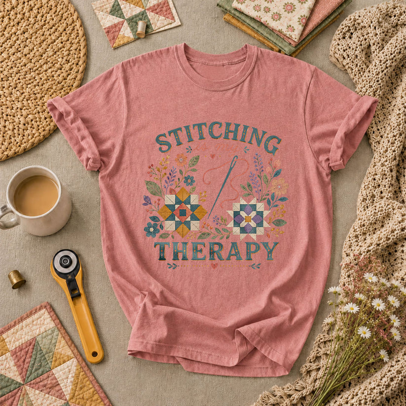 Stitching Is My Therapy T-Shirt - Heather Mauve