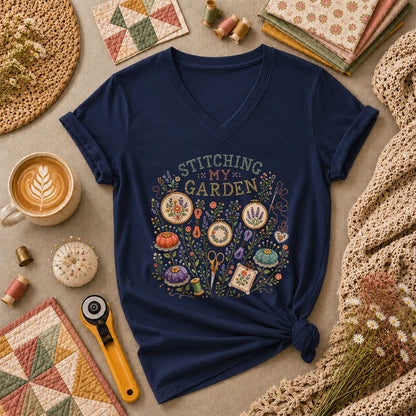 Stitching My Garden Women's V-Neck - Navy