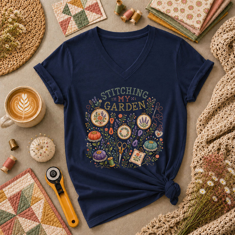 Stitching My Garden Women's V-Neck - Navy