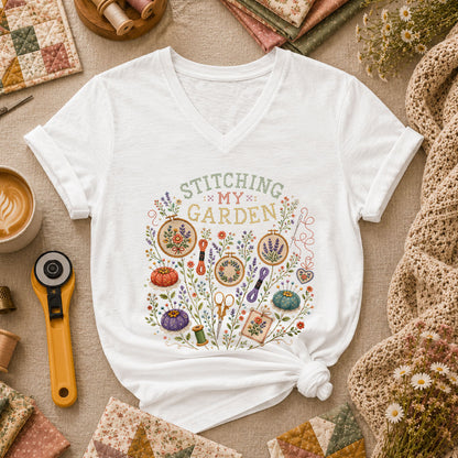 Stitching My Garden Women's V-Neck - White