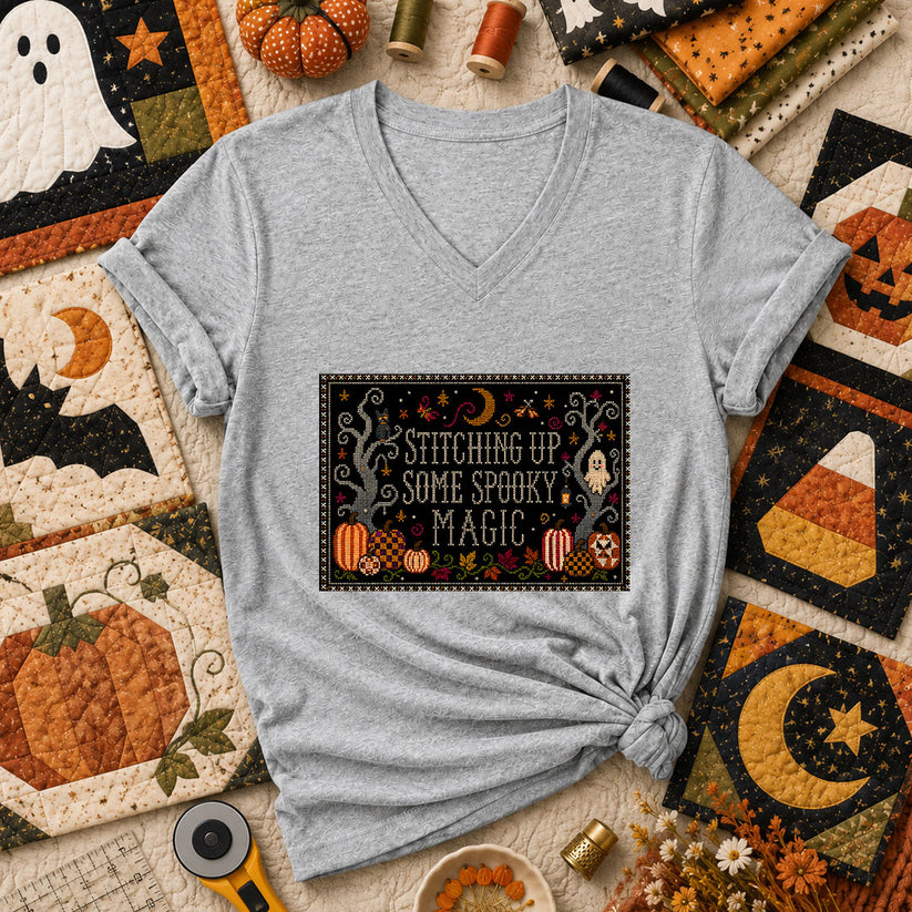 Stitching Up Some Spooky Magic Women's V-Neck - Athletic Heather
