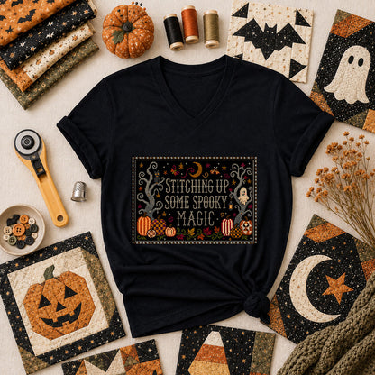 Stitching Up Some Spooky Magic Women's V-Neck - Black