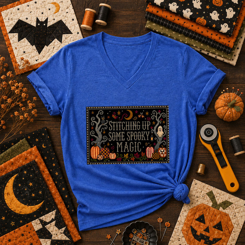 Stitching Up Some Spooky Magic Women's V-Neck - Heather True Royal