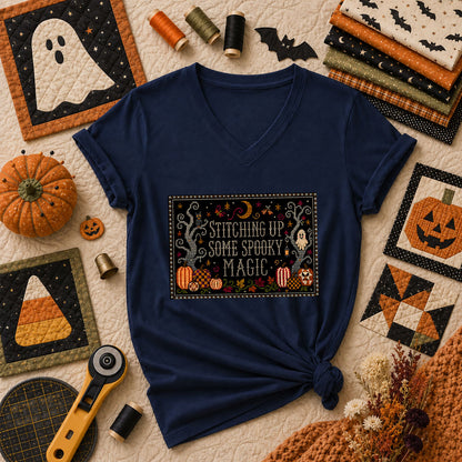 Stitching Up Some Spooky Magic Women's V-Neck - Navy