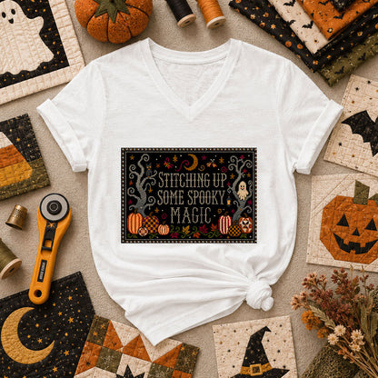 Stitching Up Some Spooky Magic Women's V-Neck - White
