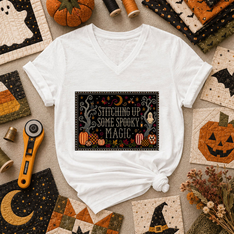 Stitching Up Some Spooky Magic Women's V-Neck - White
