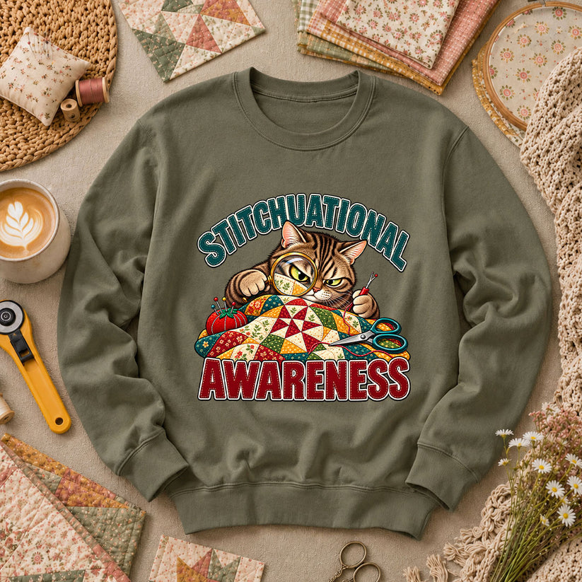 Stitchuational Awareness Cat Detective Long Sleeve - Military Green