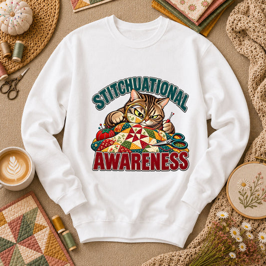 Stitchuational Awareness Cat Detective Long Sleeve - White
