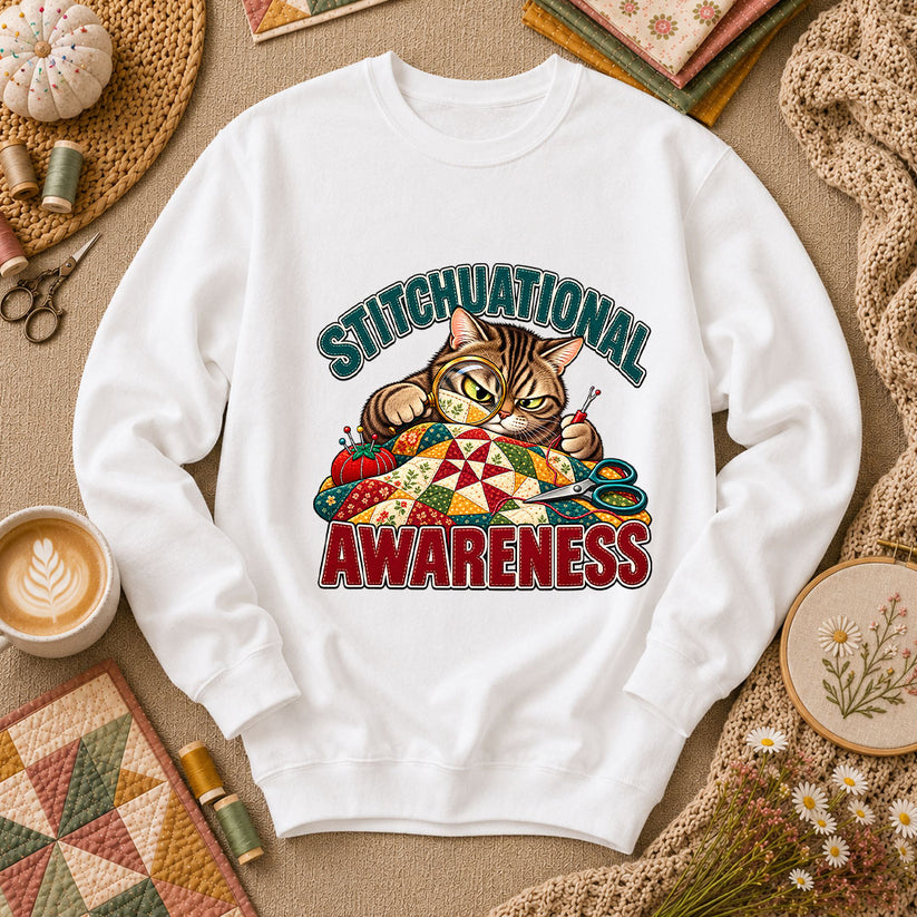 Stitchuational Awareness Cat Detective Long Sleeve - White