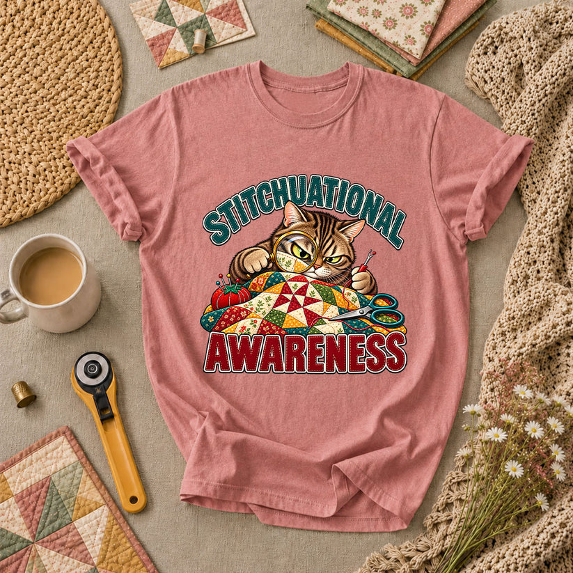 Stitchuational Awareness Cat Detective T-Shirt - Heather Mauve