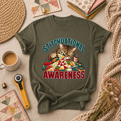 Stitchuational Awareness Cat Detective T-Shirt - Military Green