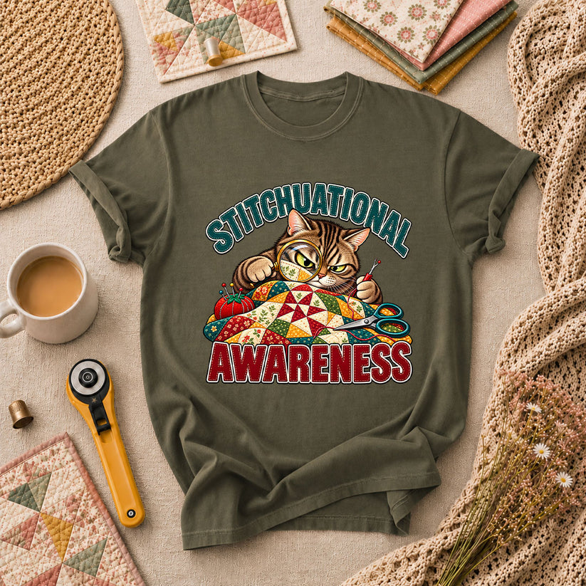 Stitchuational Awareness Cat Detective T-Shirt - Military Green