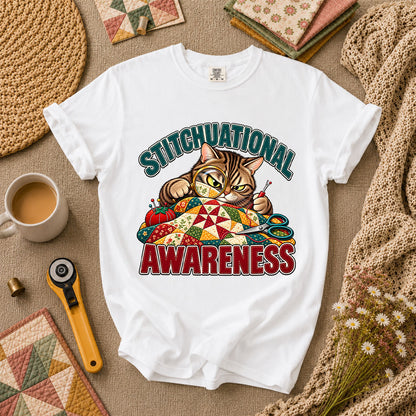 Stitchuational Awareness Cat Detective T-Shirt - White