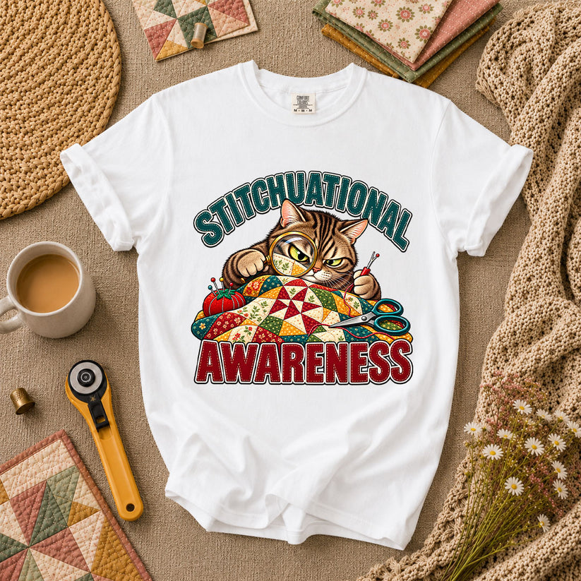 Stitchuational Awareness Cat Detective T-Shirt - White