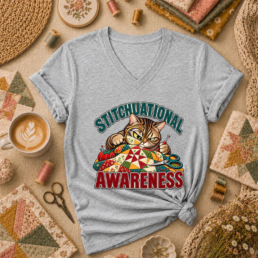 Stitchuational Awareness Cat Detective Women's V-Neck - Athletic Heather