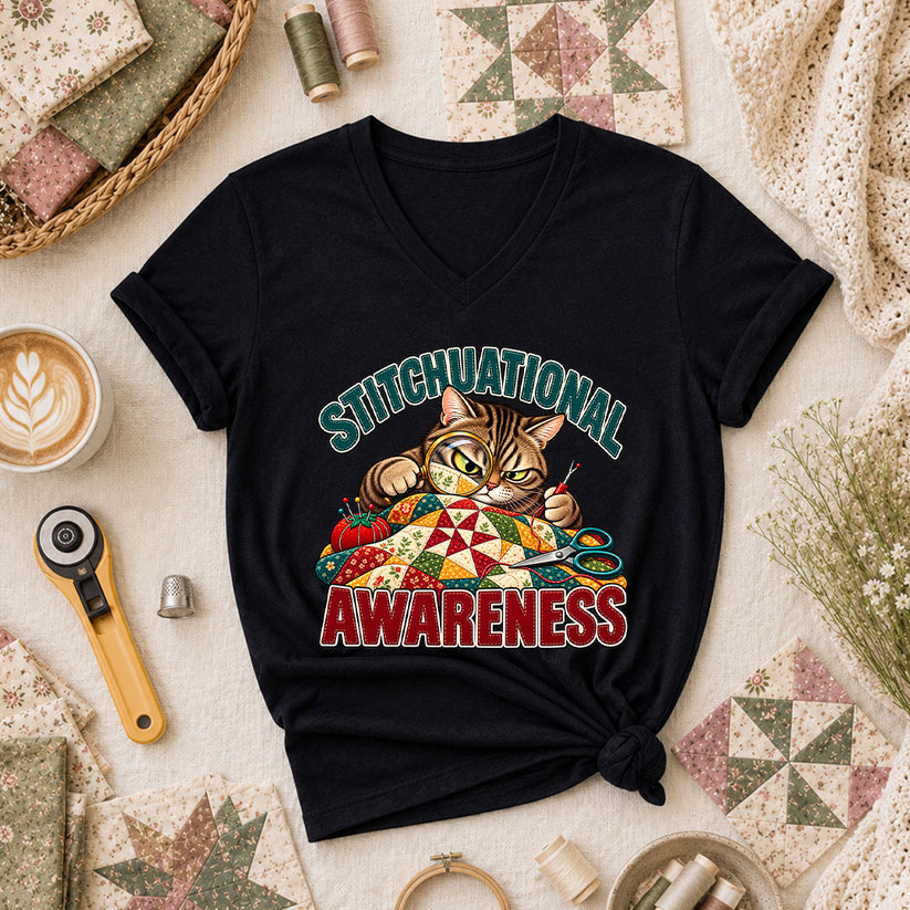 Stitchuational Awareness Cat Detective Women's V-Neck - Black