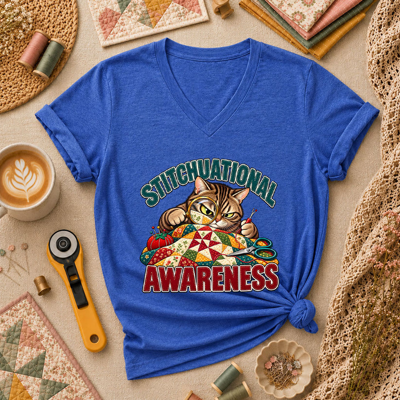 Stitchuational Awareness Cat Detective Women's V-Neck - Heather True Royal