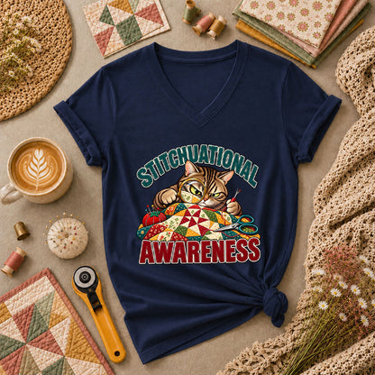 Stitchuational Awareness Cat Detective Women's V-Neck - Navy