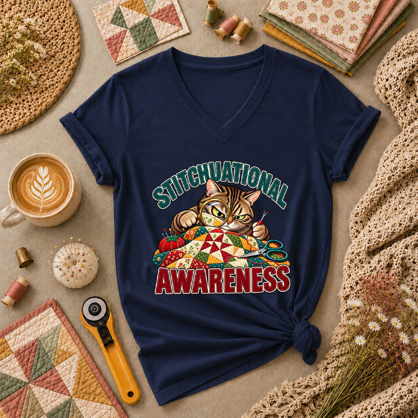 Stitchuational Awareness Cat Detective Women's V-Neck - Navy