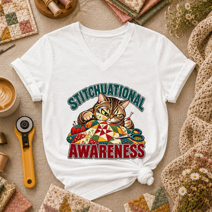 Stitchuational Awareness Cat Detective Women's V-Neck - White