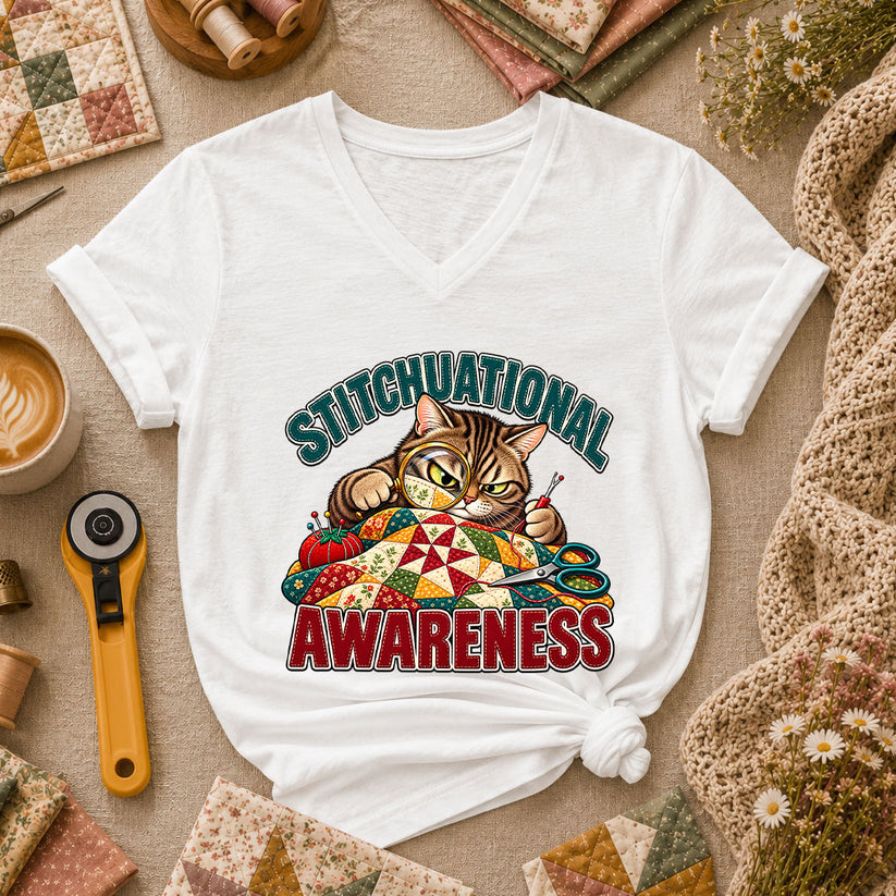 Stitchuational Awareness Cat Detective Women's V-Neck - White