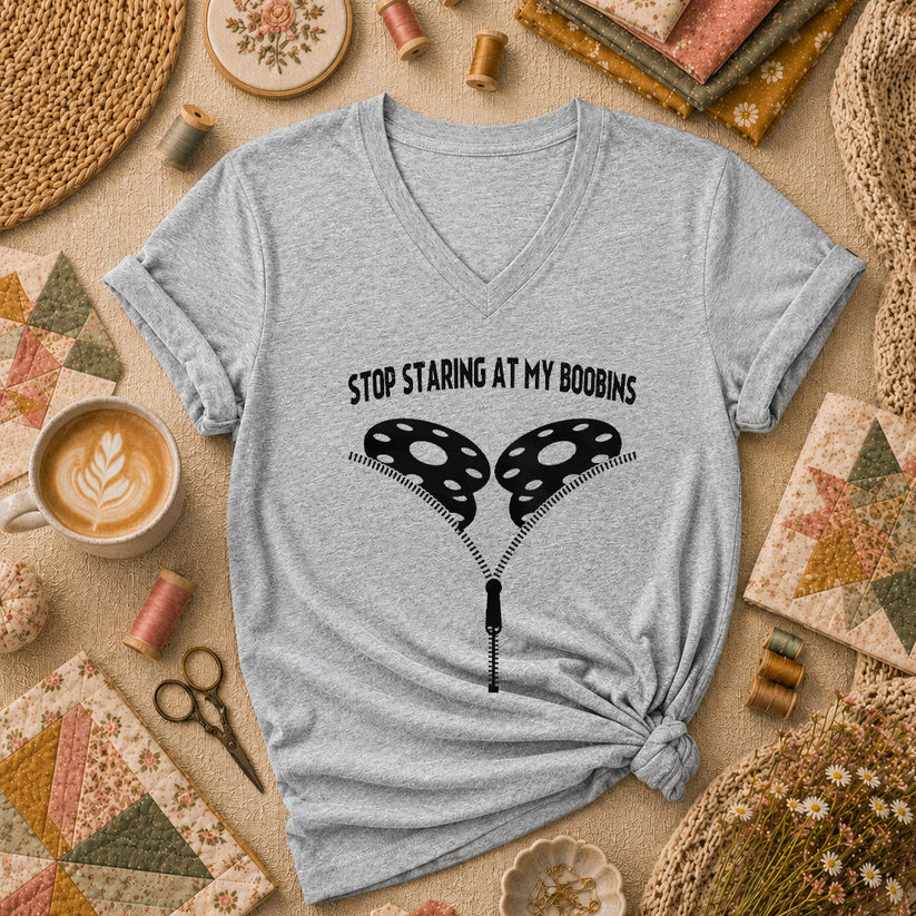 Stop Staring At My Bobbins Funny Quilter Women's V-Neck - Athletic Heather