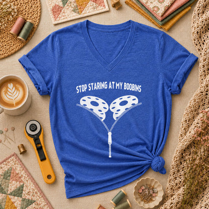 Stop Staring At My Bobbins Funny Quilter Women's V-Neck - Heather True Royal
