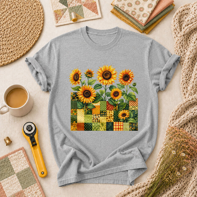 Sunflower Patchwork Blocks Wildflowers Quilt T-Shirt - Athletic Heather