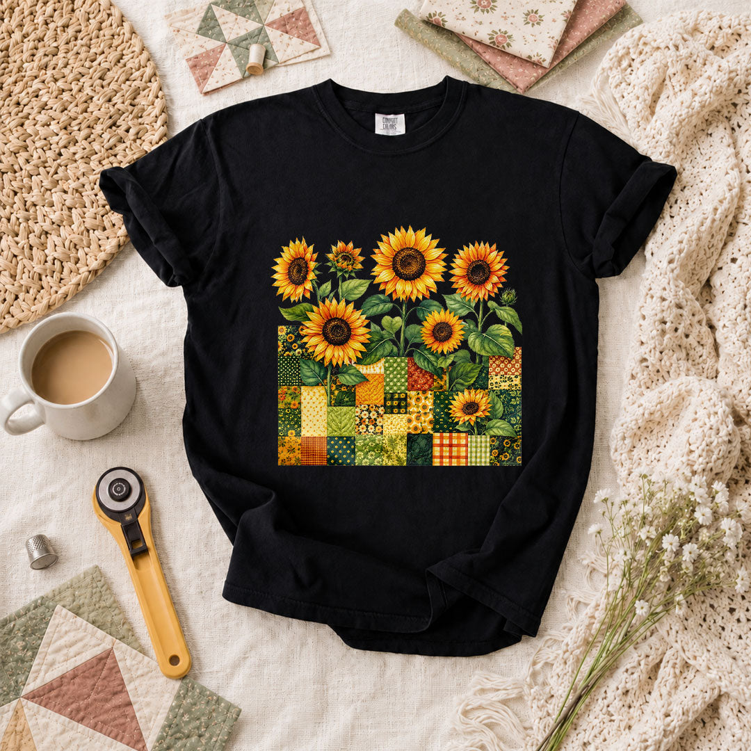 Sunflower Patchwork Blocks Wildflowers Quilt T-Shirt - Black