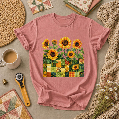 Sunflower Patchwork Blocks Wildflowers Quilt T-Shirt - Heather Mauve