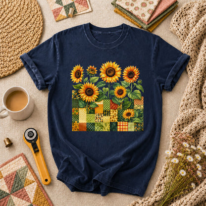 Sunflower Patchwork Blocks Wildflowers Quilt T-Shirt - Navy