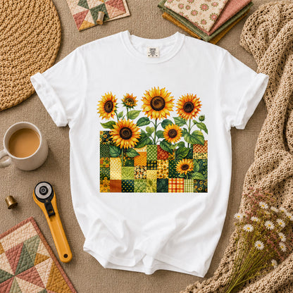 Sunflower Patchwork Blocks Wildflowers Quilt T-Shirt - White