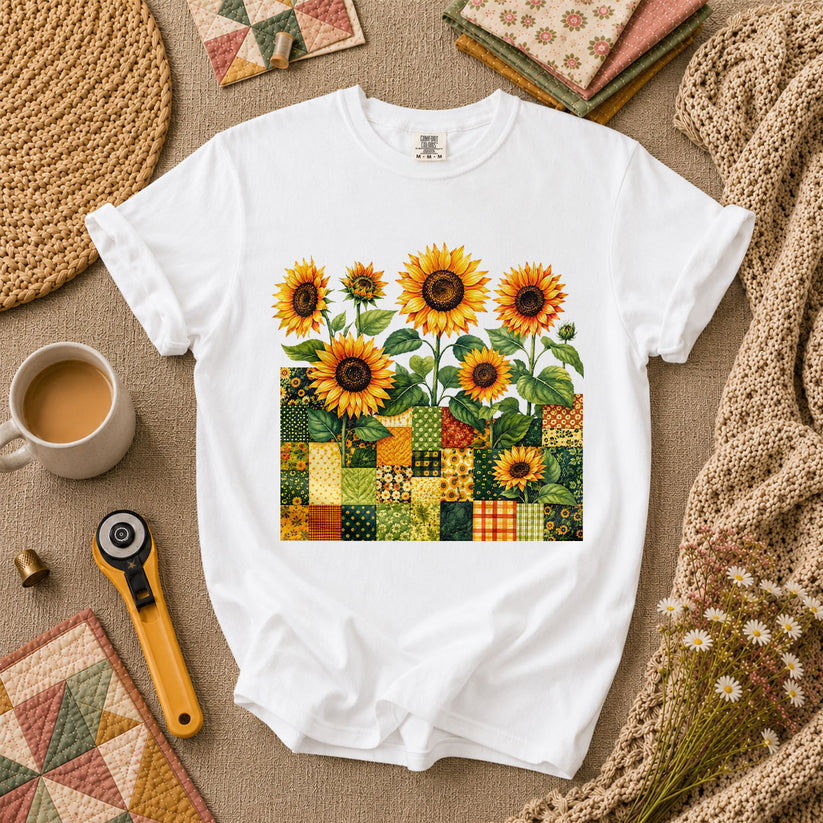 Sunflower Patchwork Blocks Wildflowers Quilt T-Shirt - White