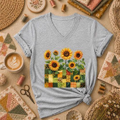 Sunflower Patchwork Blocks Wildflowers Quilt Women's V-Neck - Athletic Heather