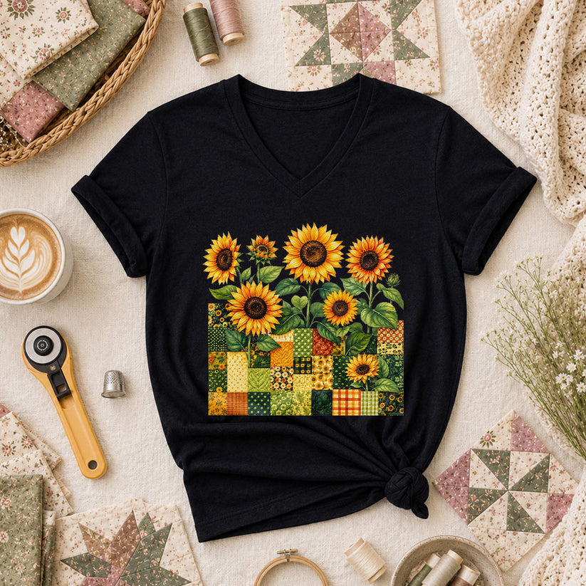 Sunflower Patchwork Blocks Wildflowers Quilt Women's V-Neck - Black