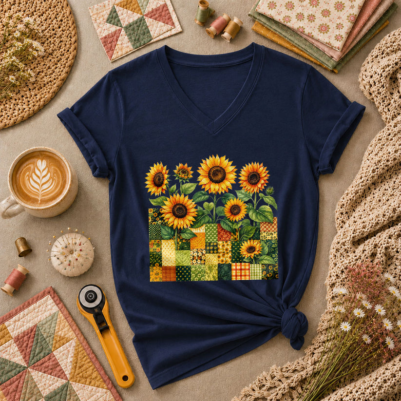Sunflower Patchwork Blocks Wildflowers Quilt Women's V-Neck - Navy