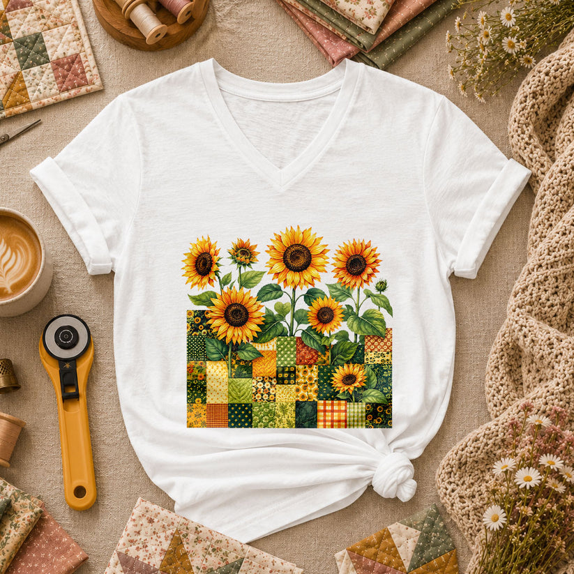 Sunflower Patchwork Blocks Wildflowers Quilt Women's V-Neck - White